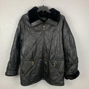 Otello Pelle Leather Jacket Mens Large Black Quilted Zip Faux Fur Collar Pockets